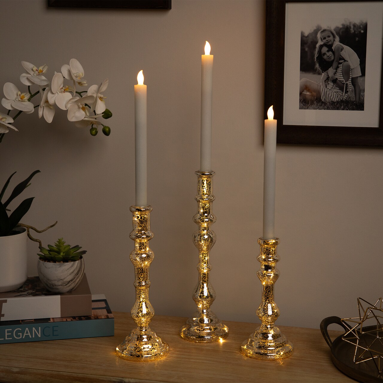 Northlight LED Lighted Golden Sparkles Taper Candle Holders - 13" - Set of 3